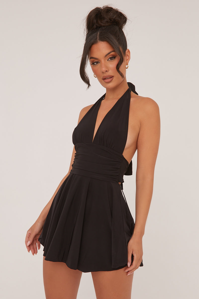 PIPPA - BLACK HALTER PLUNGE NECK MINI DRESS