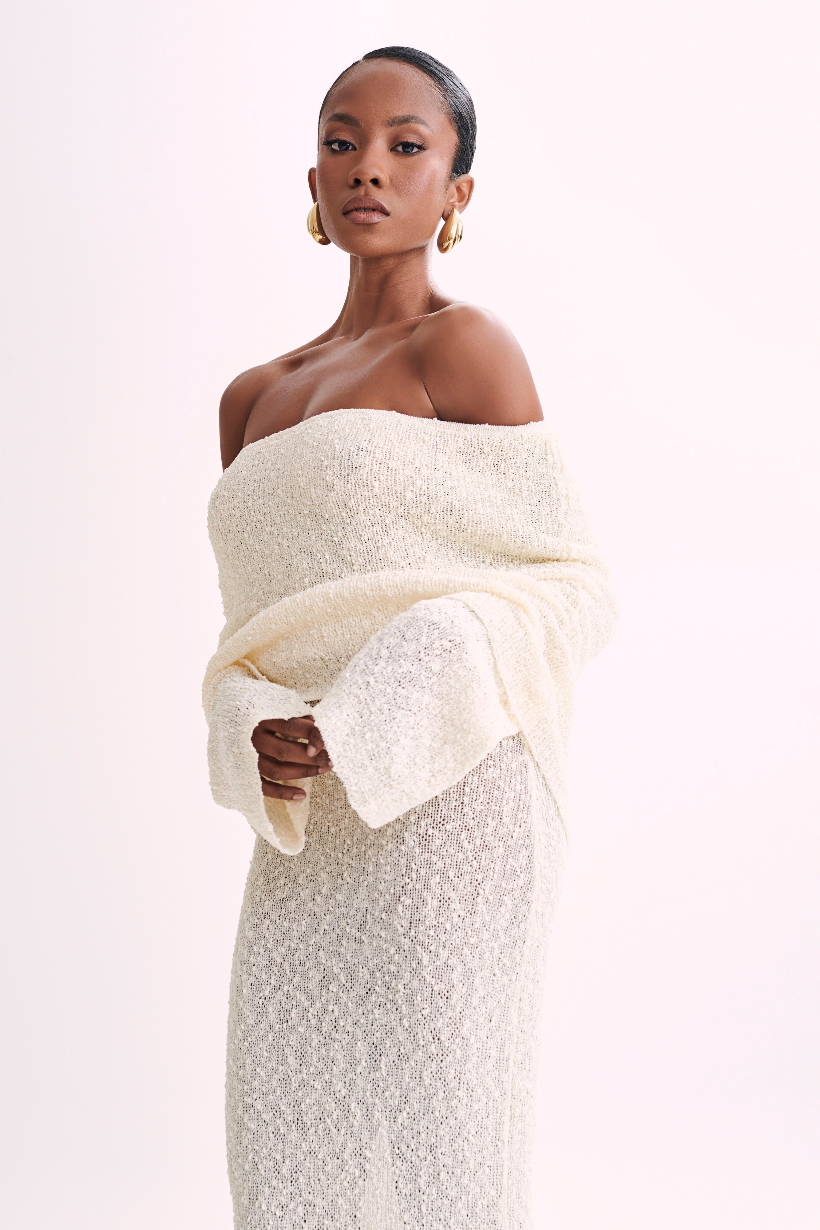 NADIA - OFF-SHOULDER BOUCLE MAXI DRESS