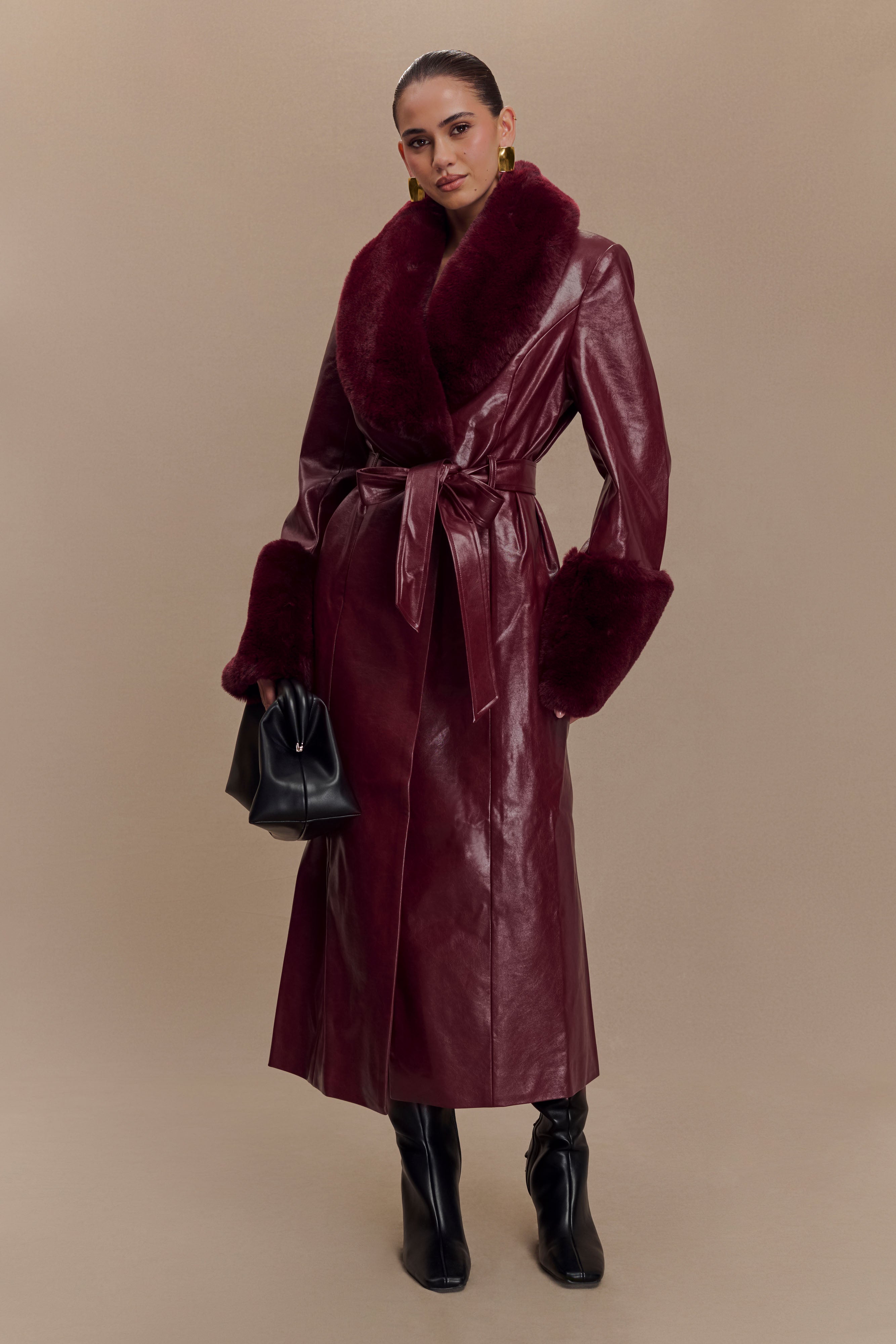 LILLIE - FAUX LEATHER TRENCH COAT WITH FAUX FUR