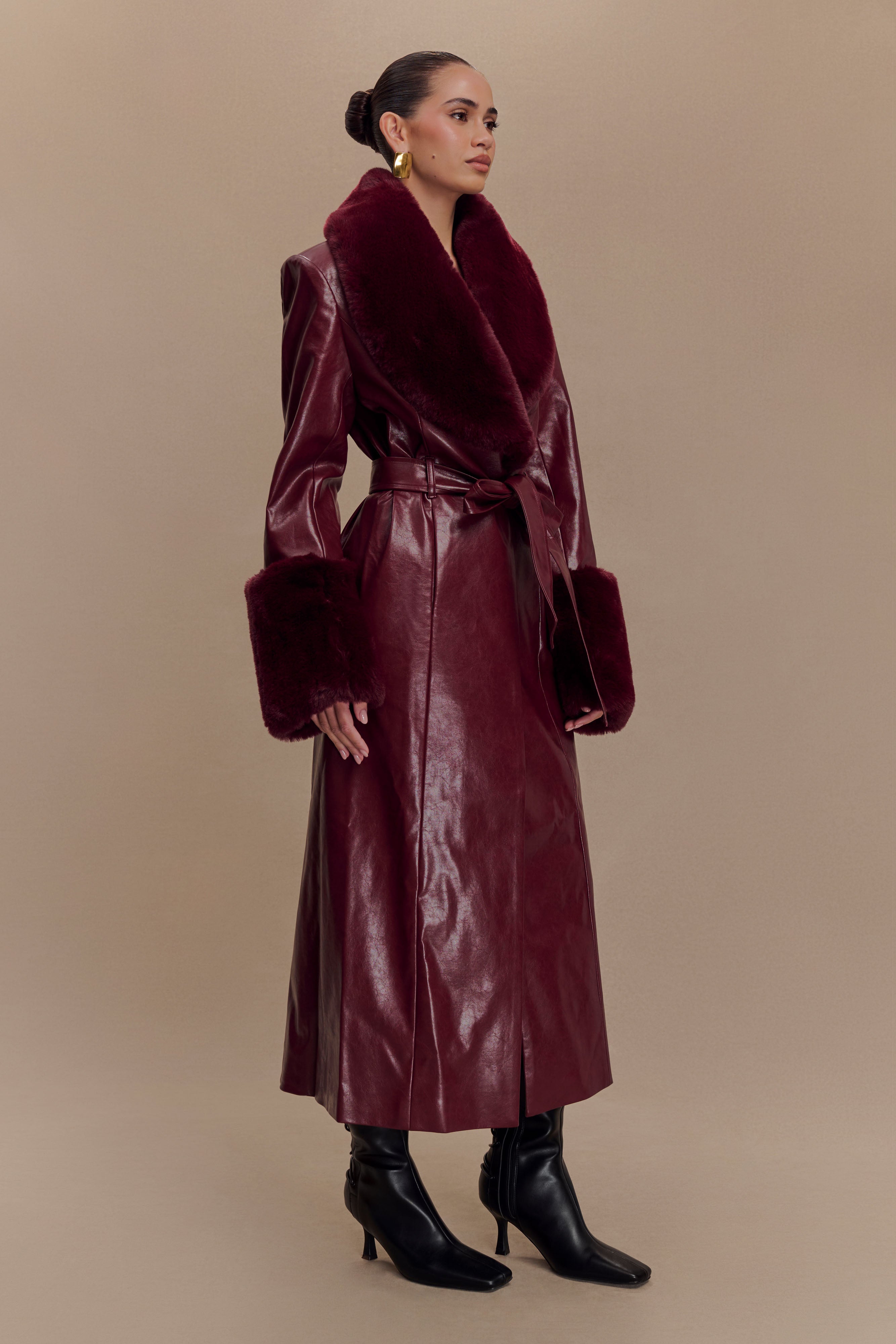 LILLIE - FAUX LEATHER TRENCH COAT WITH FAUX FUR