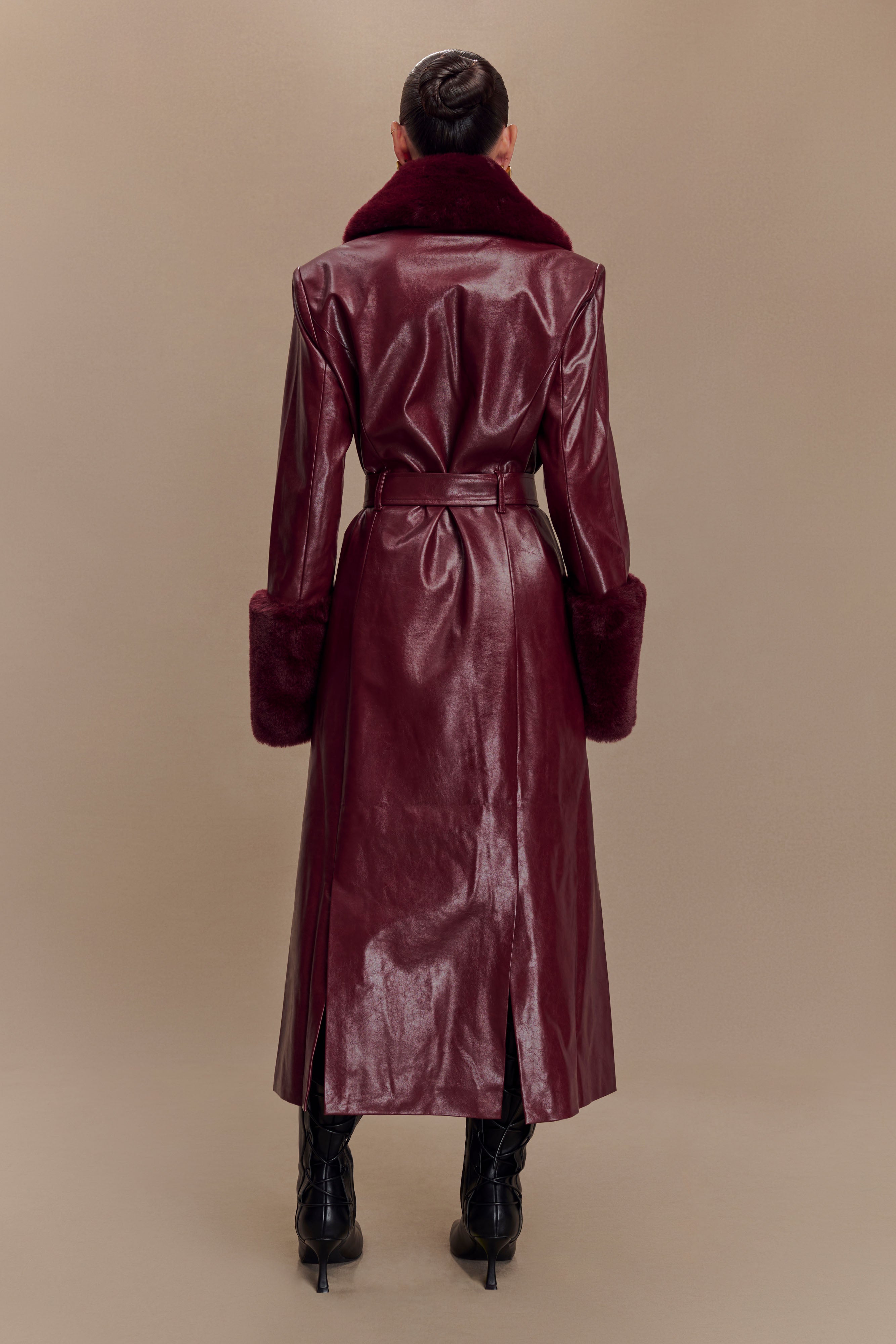 LILLIE - FAUX LEATHER TRENCH COAT WITH FAUX FUR