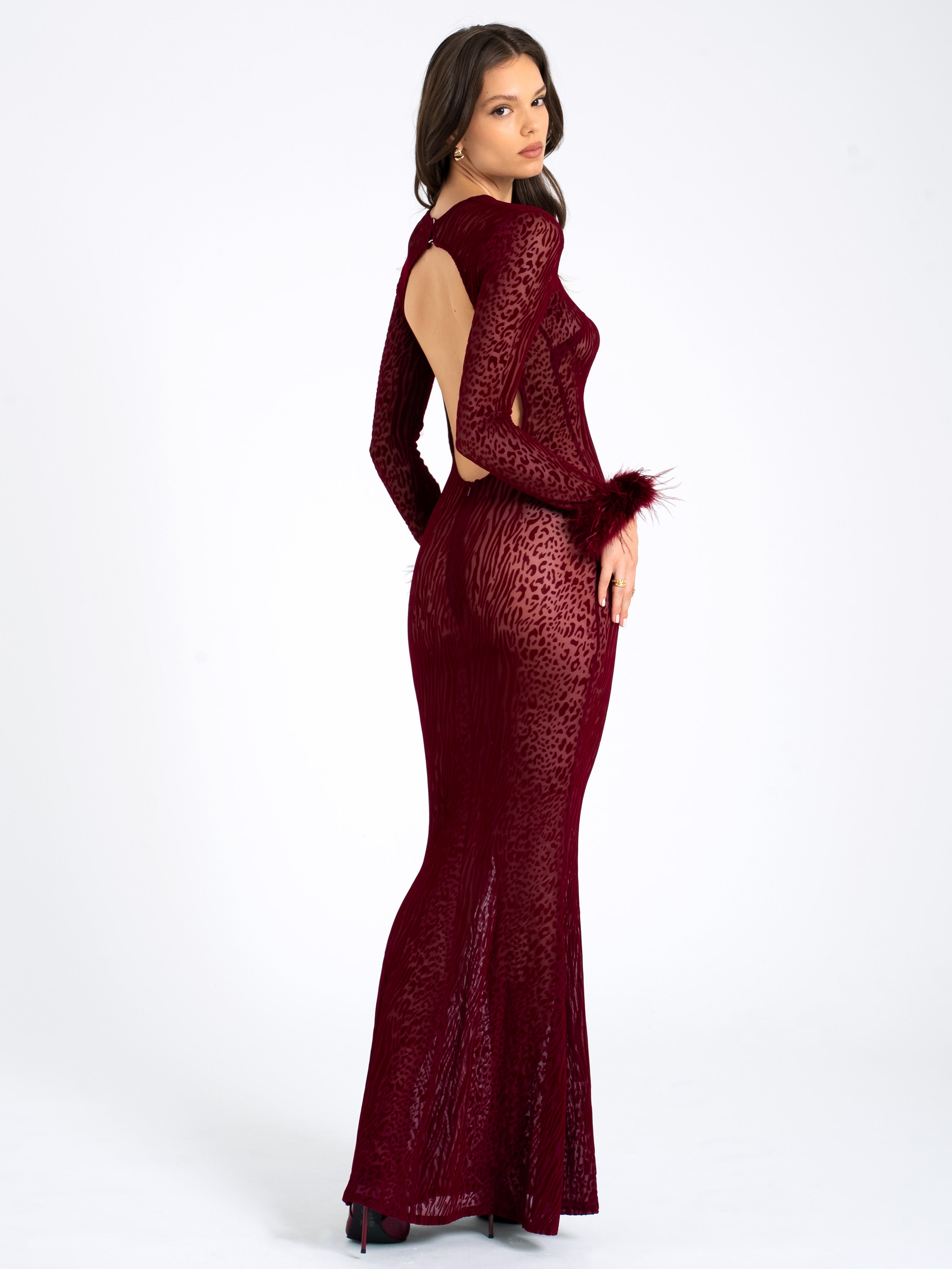 NERISSA - LEOPARD VELVET MESH BACKLESS MAXI DRESS