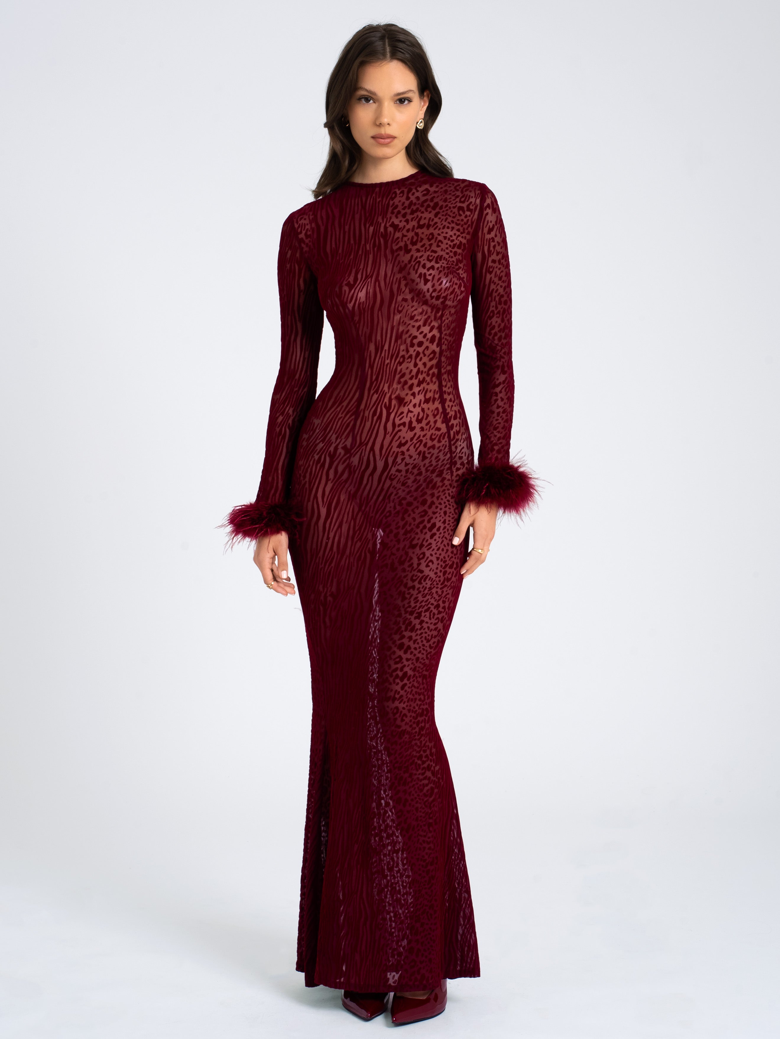 NERISSA - LEOPARD VELVET MESH BACKLESS MAXI DRESS