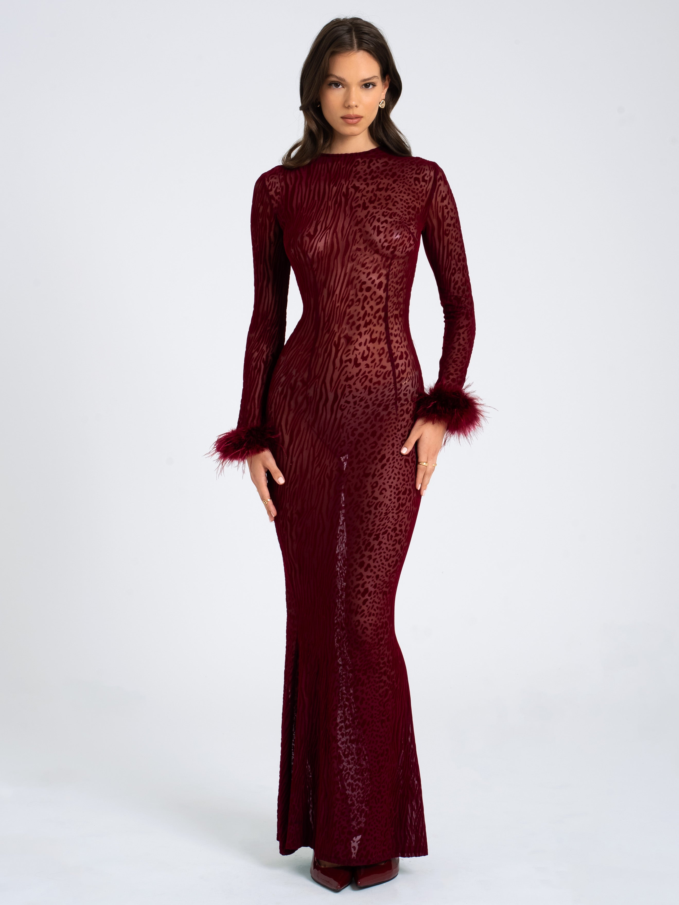 NERISSA - LEOPARD VELVET MESH BACKLESS MAXI DRESS