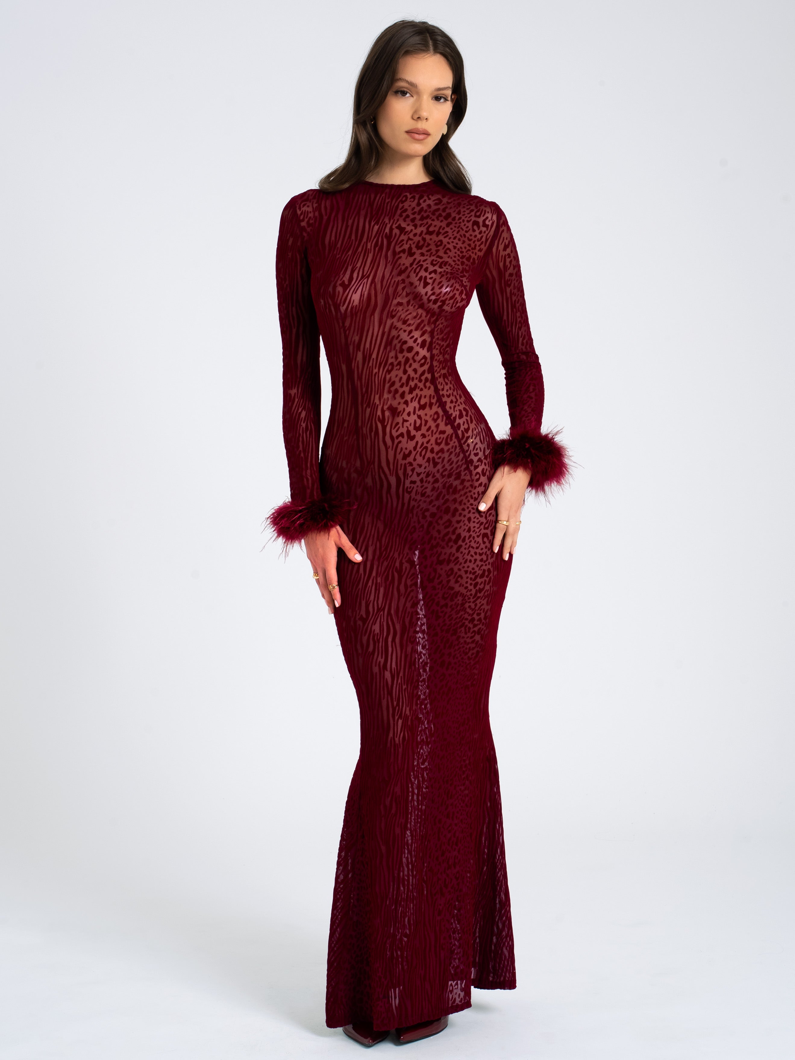 NERISSA - LEOPARD VELVET MESH BACKLESS MAXI DRESS