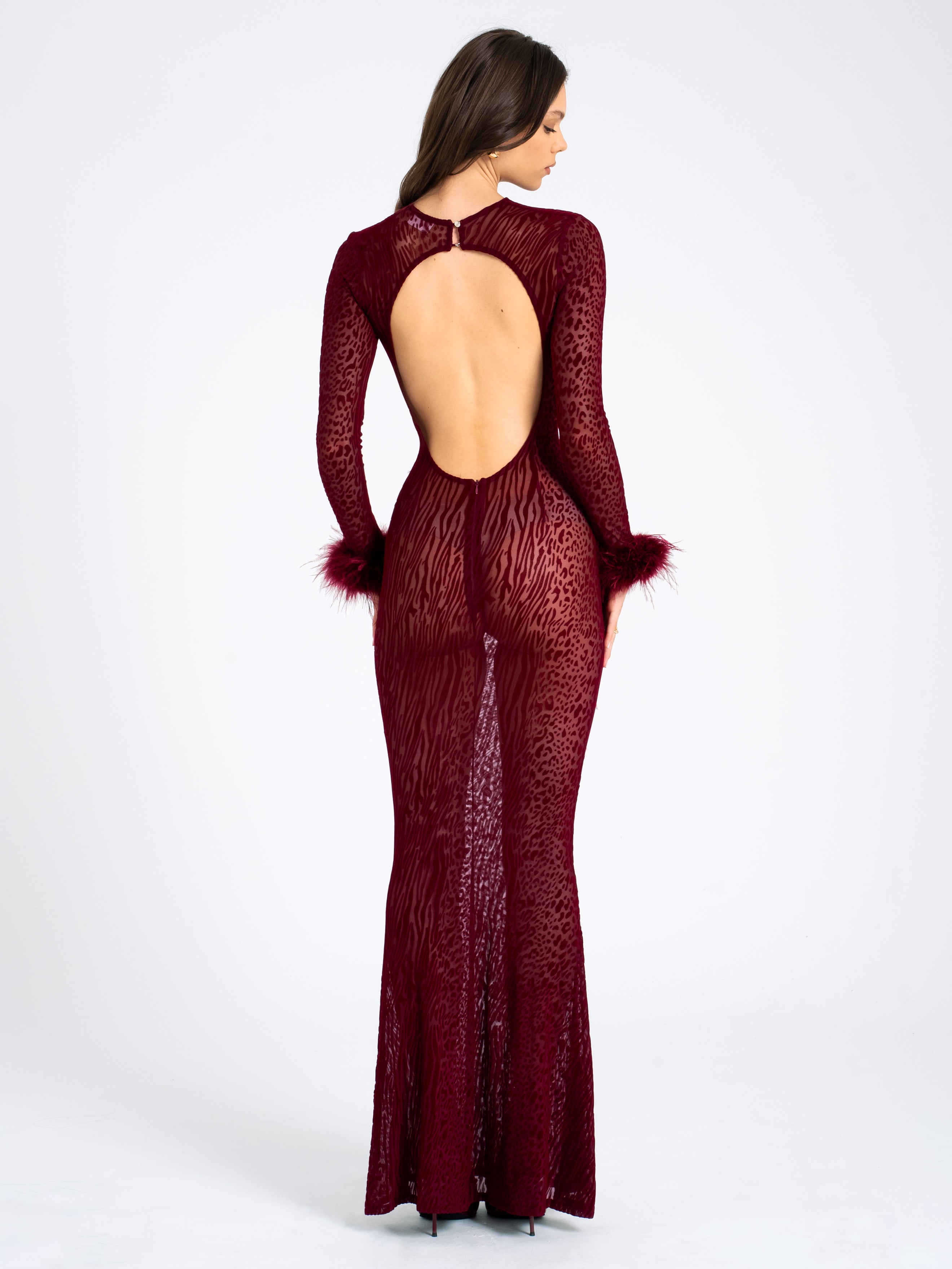 NERISSA - LEOPARD VELVET MESH BACKLESS MAXI DRESS