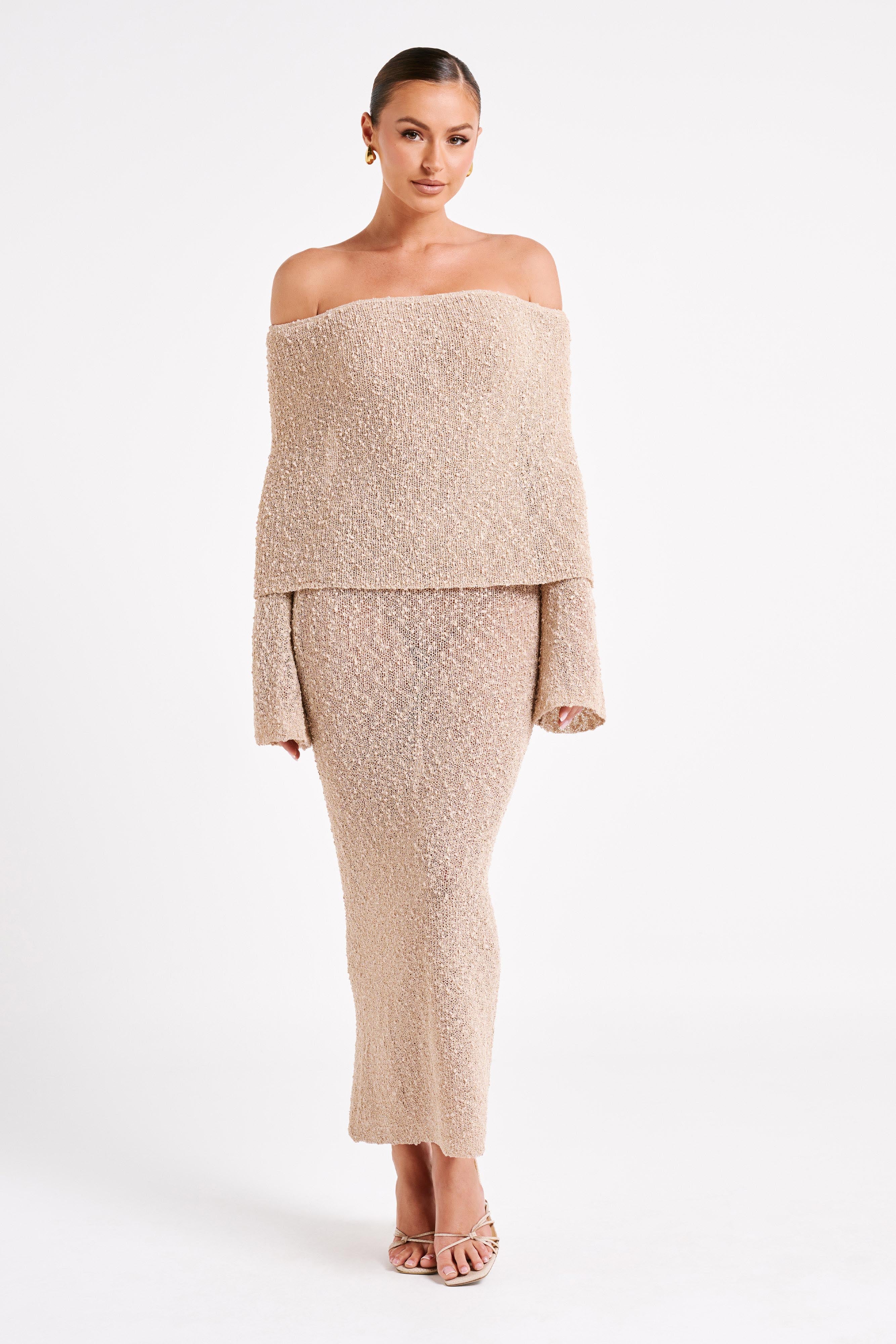 NADIA - OFF-SHOULDER BOUCLE MAXI DRESS