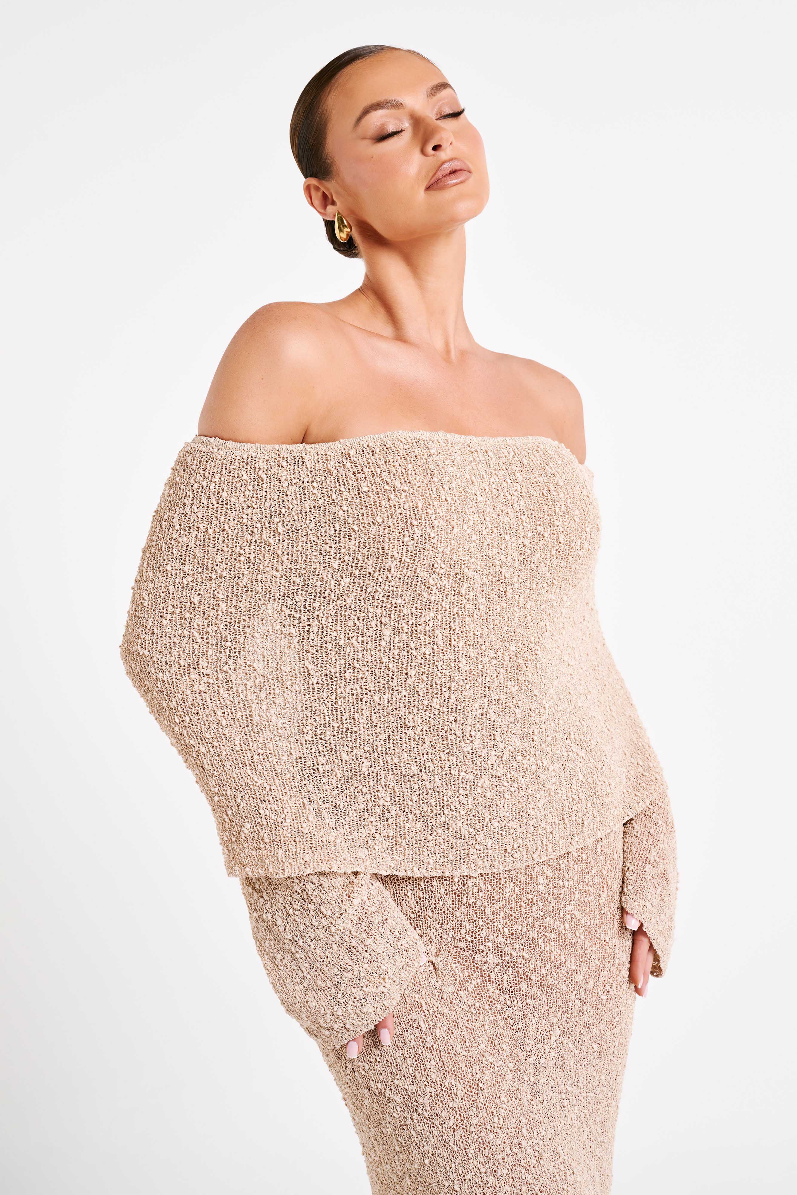 NADIA - OFF-SHOULDER BOUCLE MAXI DRESS