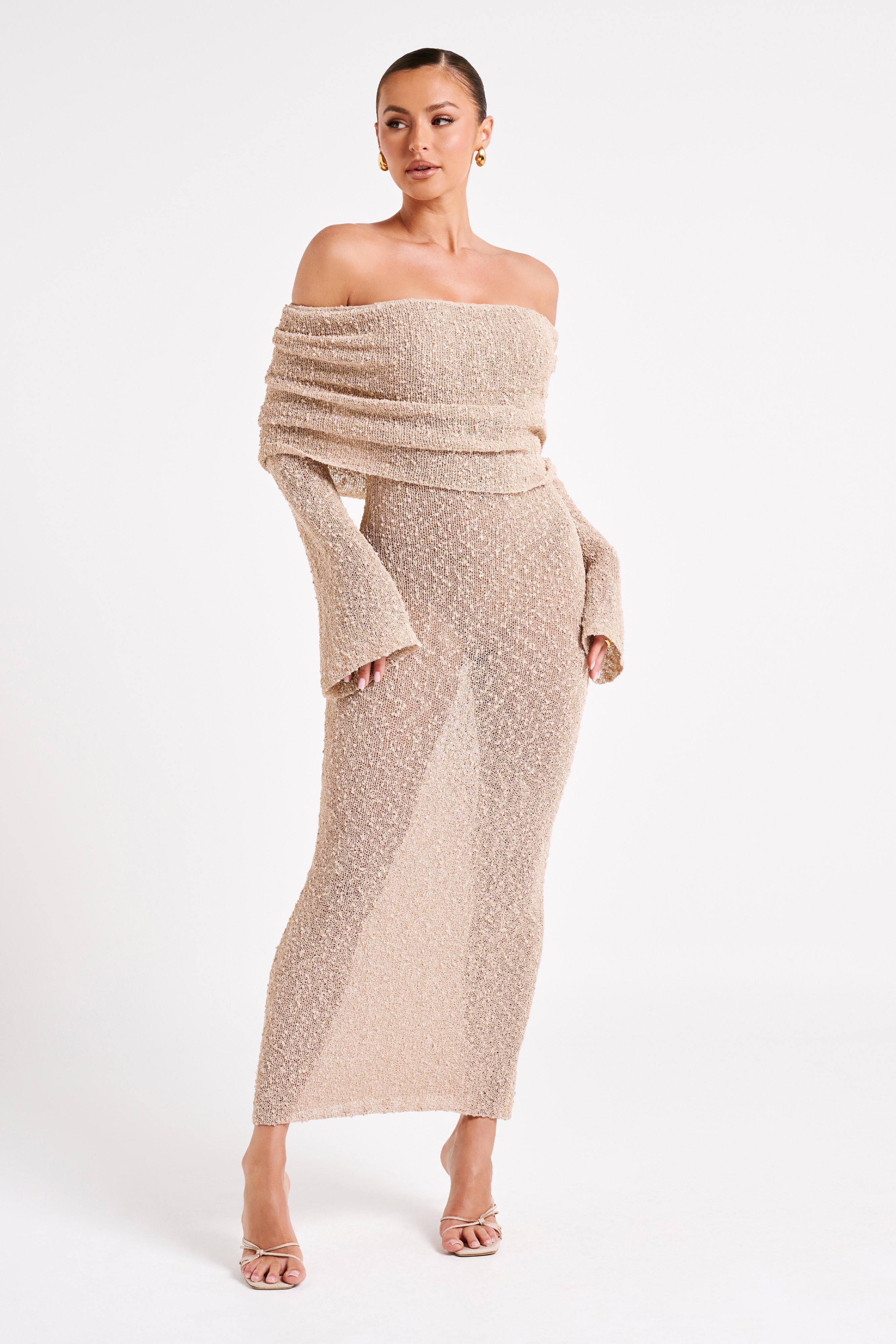 NADIA - OFF-SHOULDER BOUCLE MAXI DRESS